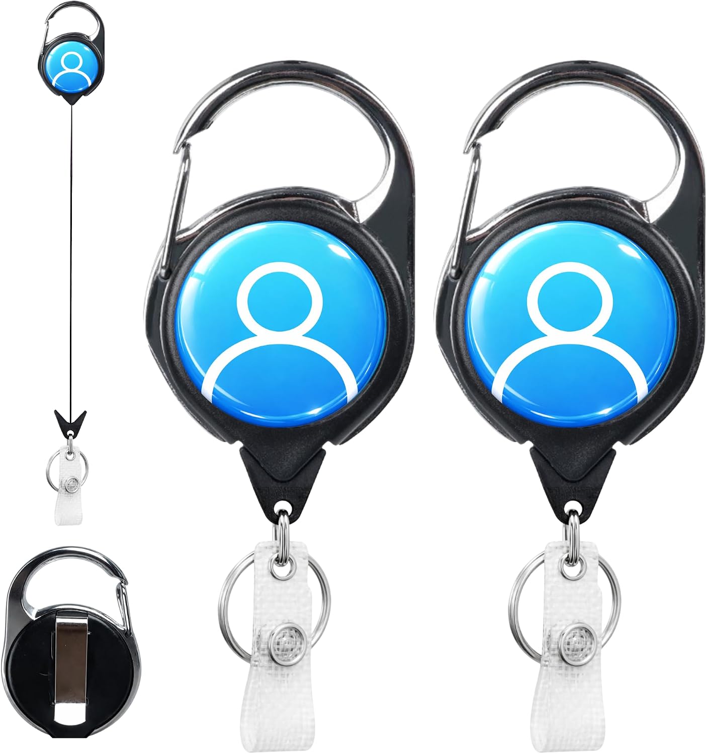 Badge Reel Retractable, Badge Holder Retractable Clip, ID Badge Holder with Carabiner, Heavy Duty Badge Reel with Key Ring, Badge Holder for Work, Office, Nurses