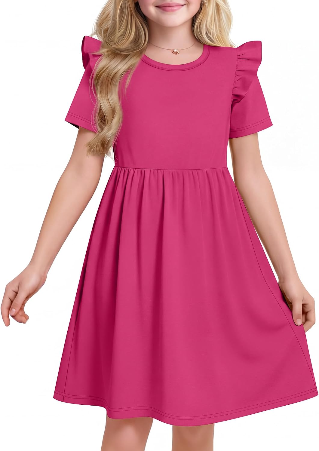 Girls' Ruffle Short Sleeve Dresses Crew Neck Summer Stretchy Knit Elastic Waist Casual Midi Dress for Kids 5-14 Y