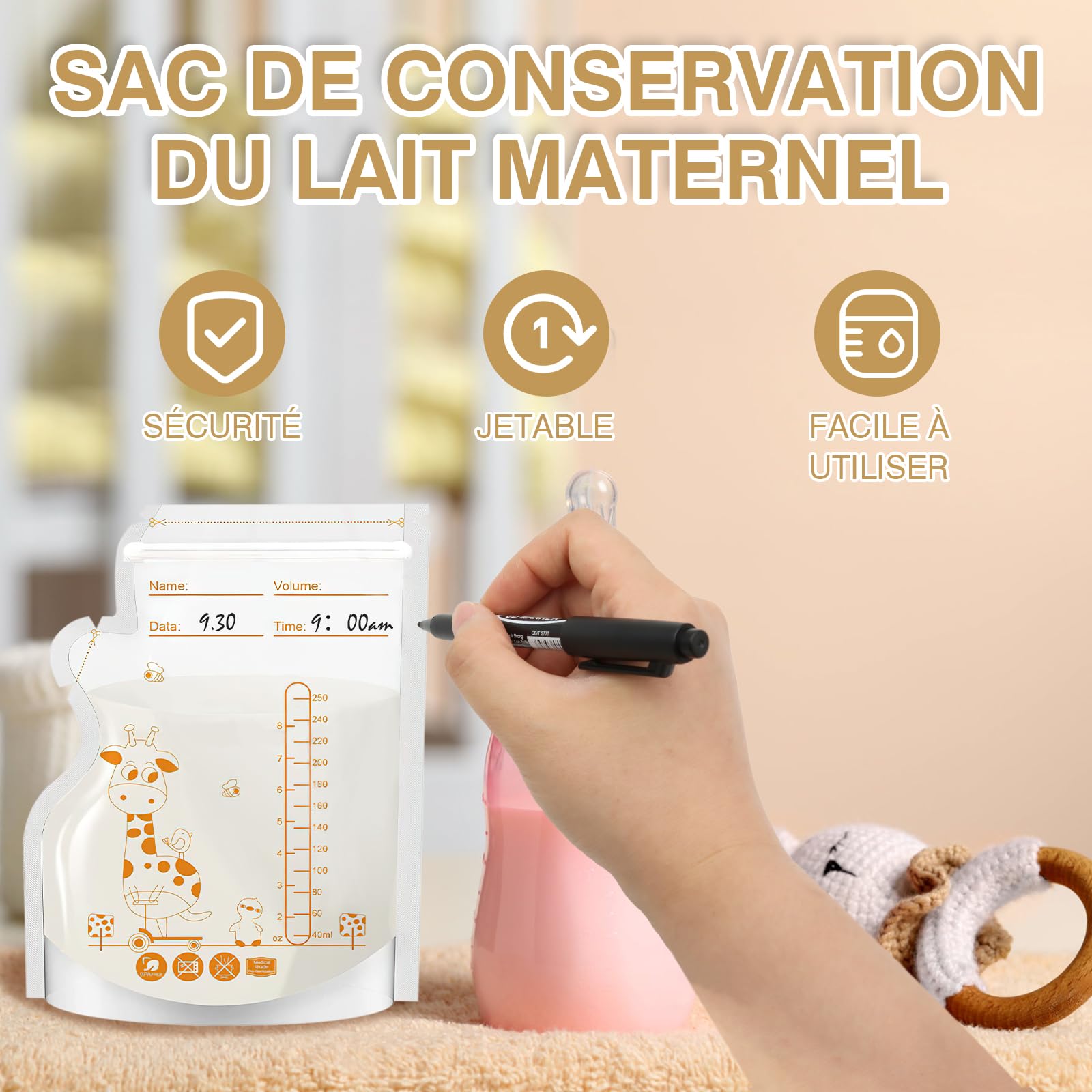 ZOCONE 60 Pièces Sachet Conservation Lait Maternelle, 250 ML Sac Congélation Lait Maternel, sans BPA, Sac Lait Maternel Congelation Avec Échelle, Sachet Lait Maternel