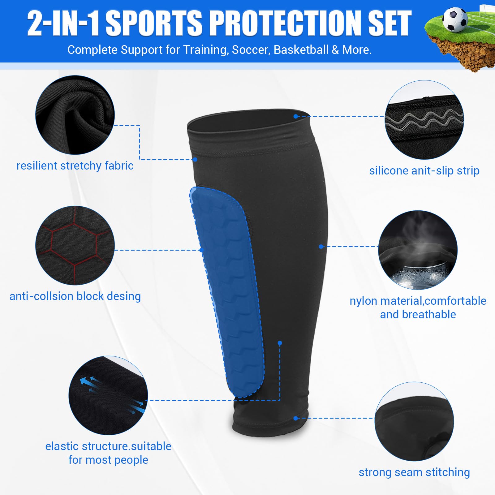 Parastinchi da calcio per bambini e ragazzi, parastinchi per bambini, a compressione, con cuscinetti a nido d'ape + parastinchi rigidi con cinghie regolabili, per allenamento e giochi di calcio