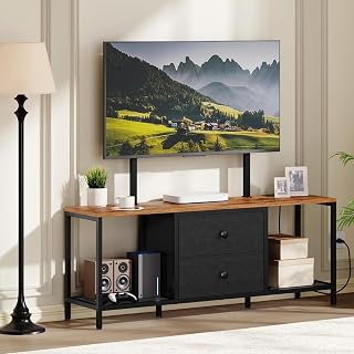 MAHANCRIS TV Stand with Mount, for 32"-55" TV, TV Shelf with Power Outlet | Entertainment Center with Fabric Drawers, TV Media Console with ON/Off Power Switch, for Living Room, Rustic Brown