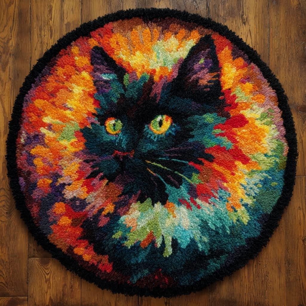 kitphoenix Round Shape Latch Hook Kits Rug Cat DIY Cushion Rug Carpet Making Crochet Hook Kits Preprinted Pattern Canvas Cushion Yarn Hooking Kits Mat Kits 50X50Cm