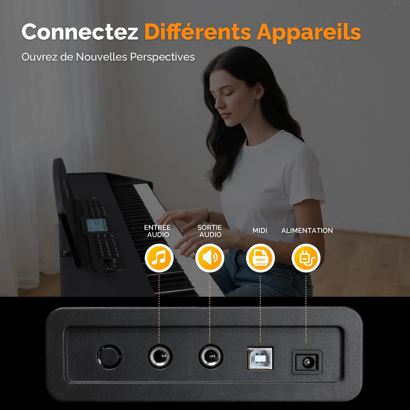 Glarry Piano numérique 88 touches Lestées, Piano Électrique avec Enregistrement Audio&MIDI Bluetooth, Transposition, Accompagnement du Volume, Accordage/Force, Idéal pour Famille & Enseignement (Noir)