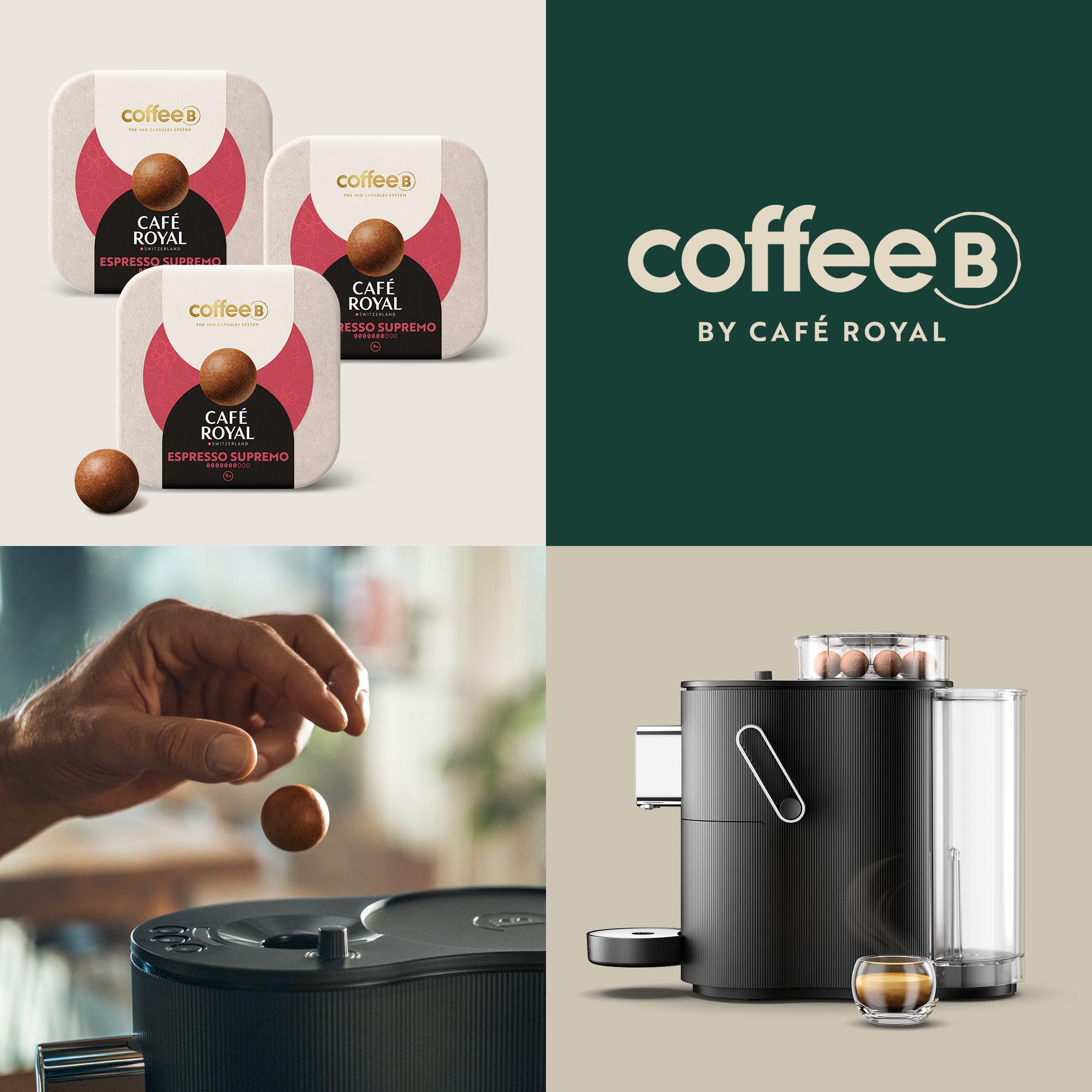 CAFE ROYAL SWITZERLAND PROFESSIONAL Machine à Café CoffeeB Globe Noir 1.3L avec 180 Coffee Balls Espresso Supremo - 100% Compostables