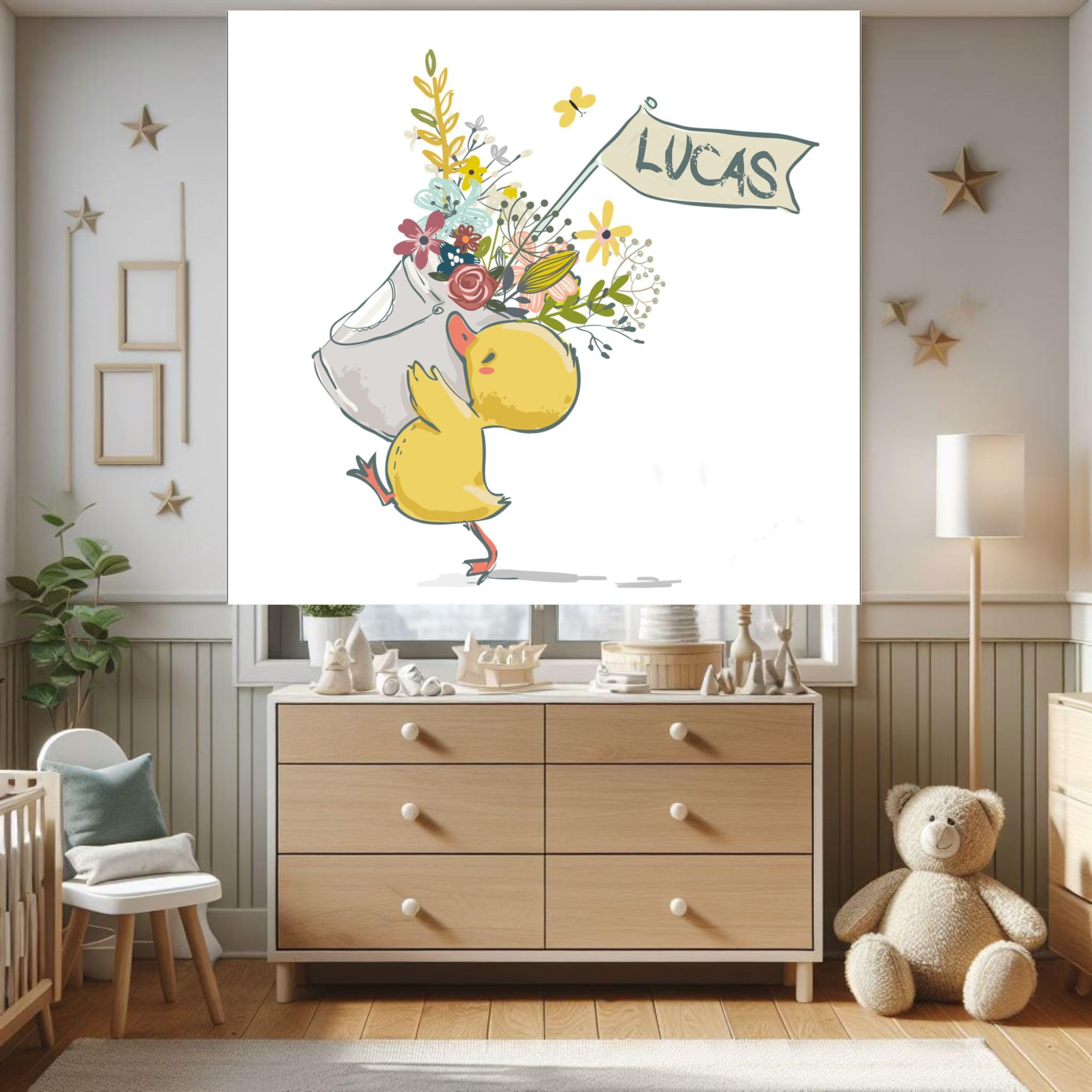 Estor enrollable infantil personalizado con nombre – Estor infantil niño De patito – Cortina decorativa translúcida para habitación de bebé o niño – Hecho a mano en España (40x60)
