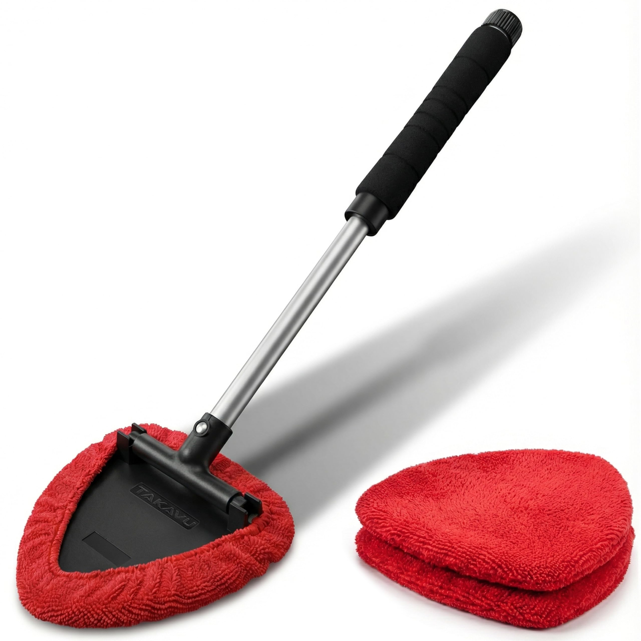 Windshield Window Cleaner Tool, Extendable Long-Reach Handle, Unique Pivoting Triangular Head, 3 Washable Reusable Microfiber Bonnets, Car & Home Inside Interior Exterior Use - Lint Free (Red)