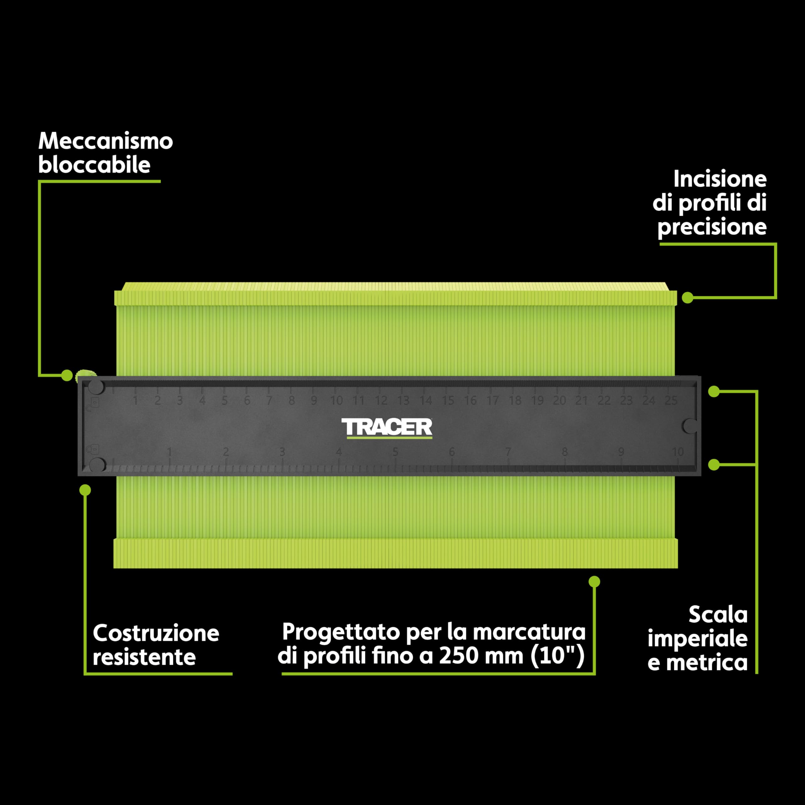 TRACER - Calibro per contorni, 250 mm, con matita per lavori di costruzione con fori profondi, set di matite per carpentieri