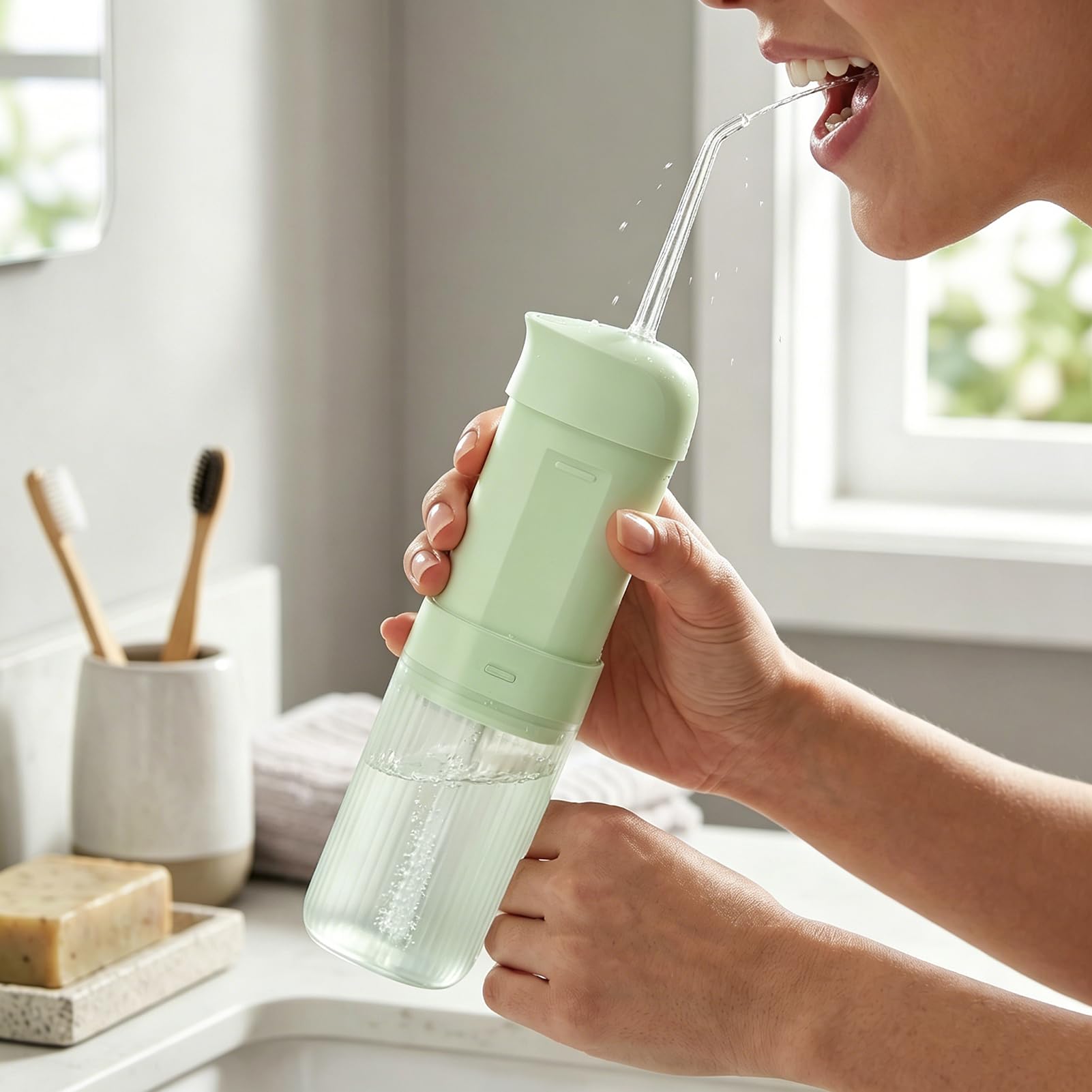 Dispositivo elettrico per filo interdentale, irrigatore orale portatile, serbatoio dell'acqua da 200 ml, durata della batteria 70 giorni, 4 modalità di pressione, lavabile IPX7, per casa e viaggi