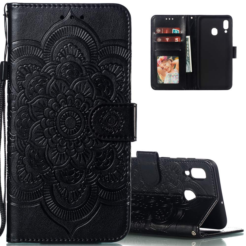 LEECOCO for Galaxy A30 Case Mandala Embossing Luxury PU Leather Flip Notebook Wallet Bookstyle Magnetic Stand Card Slot Folio Bumper Protection Cover for Samsung Galaxy A20 / A30 Mandala Black LD