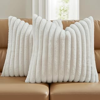 FUTEI Cream Faux Rabbit Fur Throw Pillow Covers Set of 2, 18x18 Inch Striped Soft Plush Velvet Back for Couch Bed Decor