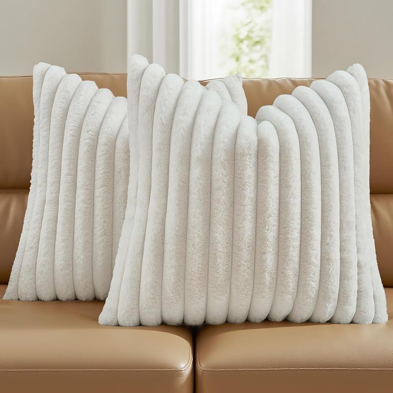 FUTEI Pack of 2 Faux Fur Throw Pillow Covers 18x18 Inch, Cream White