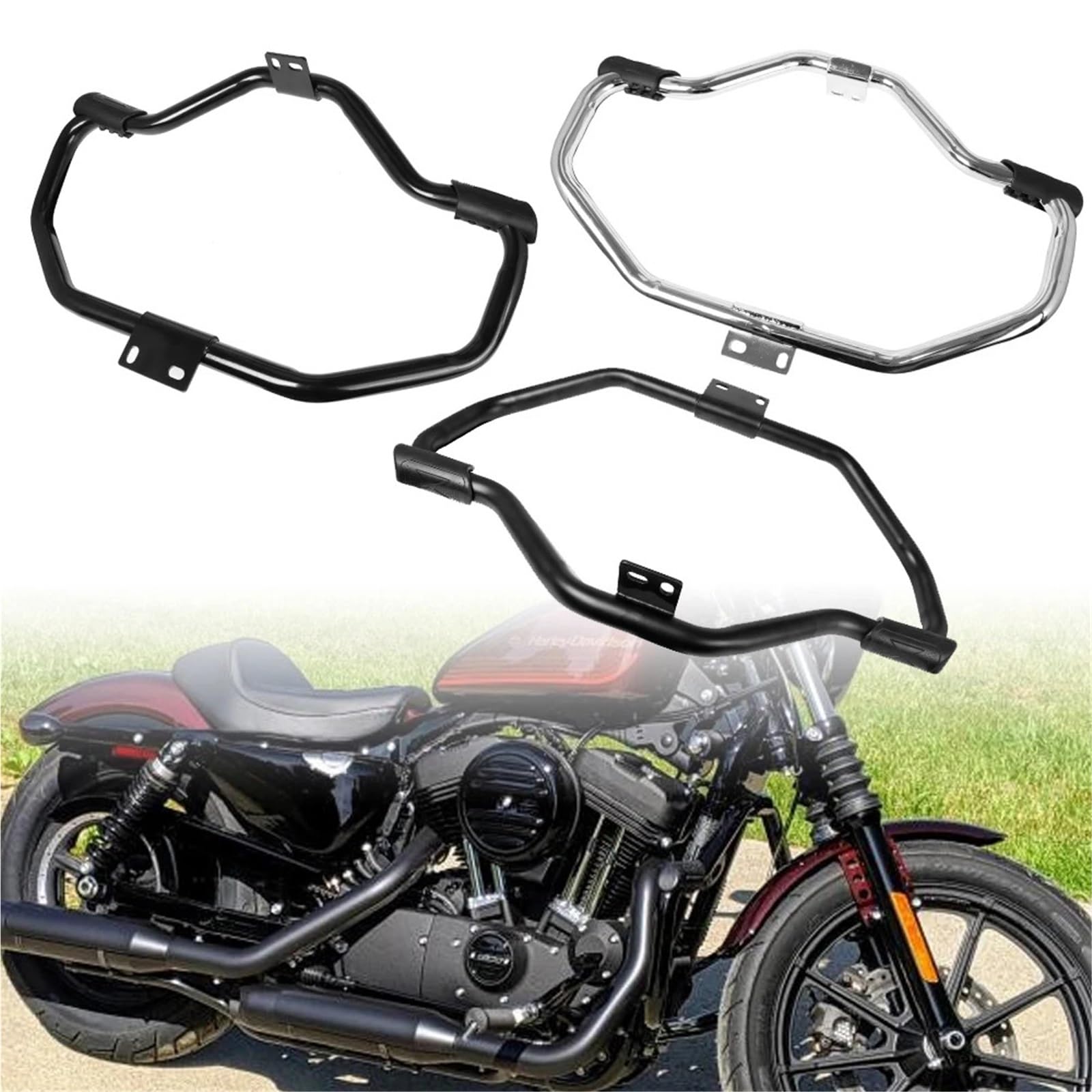 Paraurti per Moto Barra di protezione motore per moto Highway Crash Bar nera/cromata, adatta per Harley Sportster XL883 XL1200 48 72 2004-2017 Paramotore Protezione Bar(Chrome)
