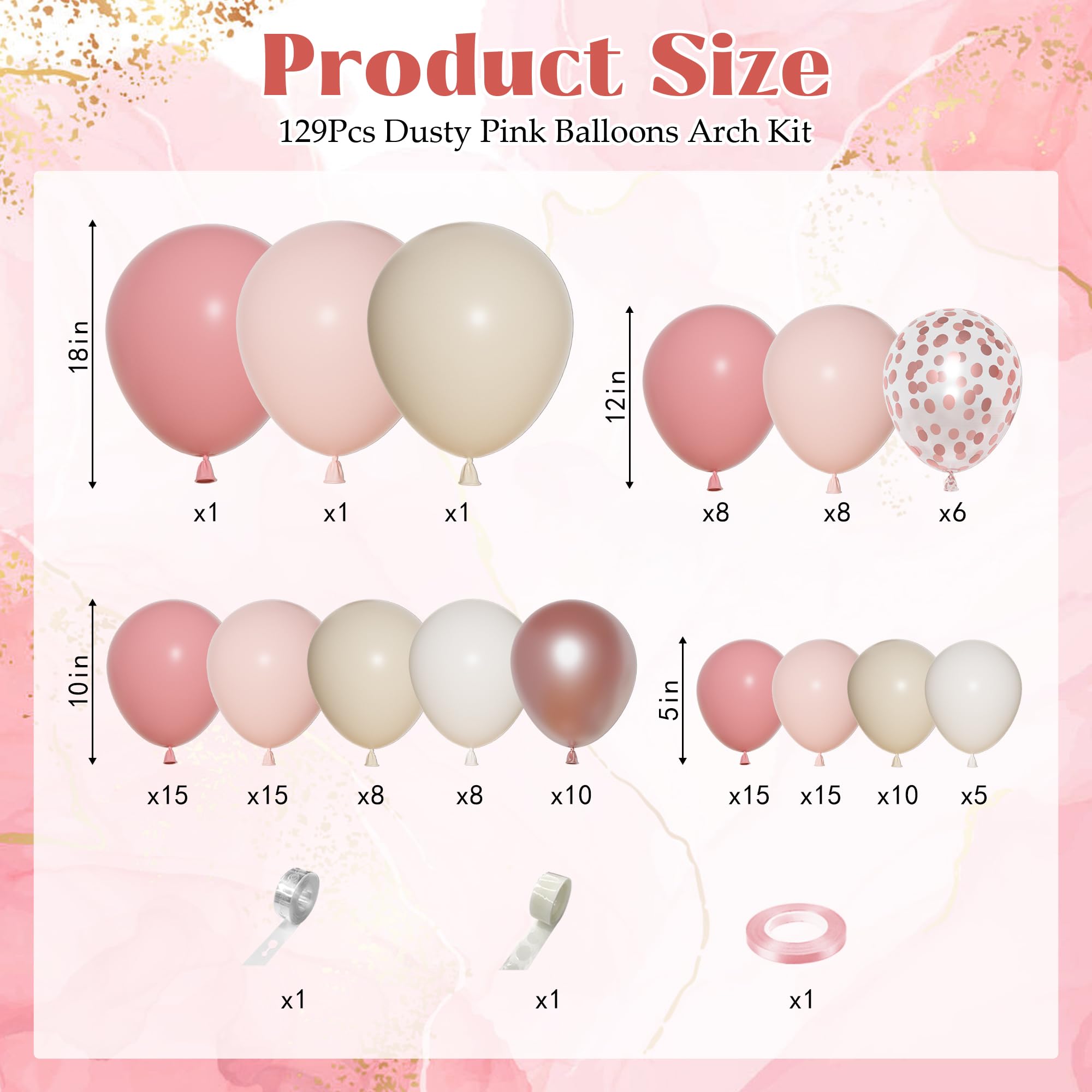 Ouddy Party Dusty Pink Balloons Arch Garland Kit, Different Sizes 18 12 10 5 Inch Boho Pink White Sand Latex Metallic Confetti Balloon for Girl Baby Shower Mothers Day Birthday Party Decorations