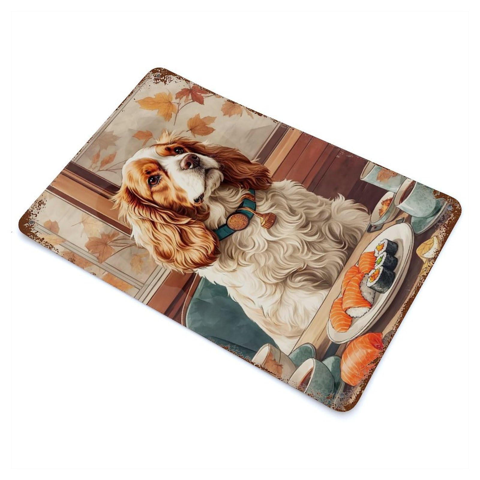 Dog And Sushi Aged Metal Wall Plaque 11.8"x7.9", Farmhouse Wall Decor for Patio, Garden Room And Bar Decor