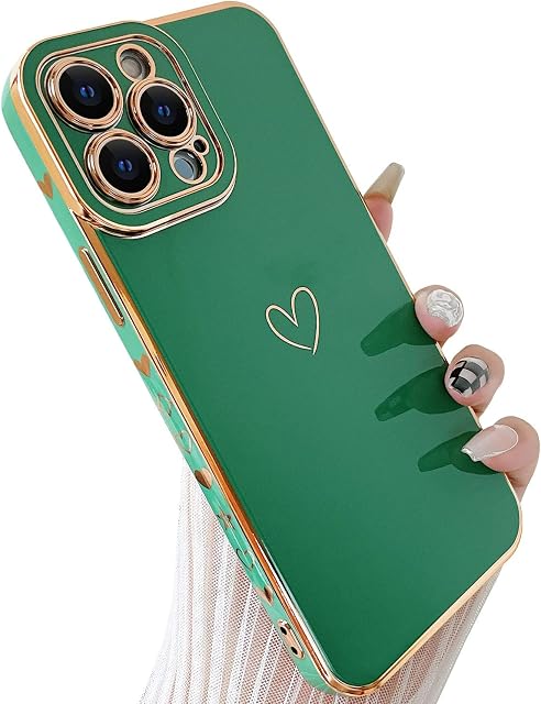 SmoBea Compatible with iPhone 13 pro case,Heart Pattern Cute Girls for Women Plating case,Soft TPU Full Camera Shockproof Protective Case for iPhone 13 pro 6.1 inch(Green)