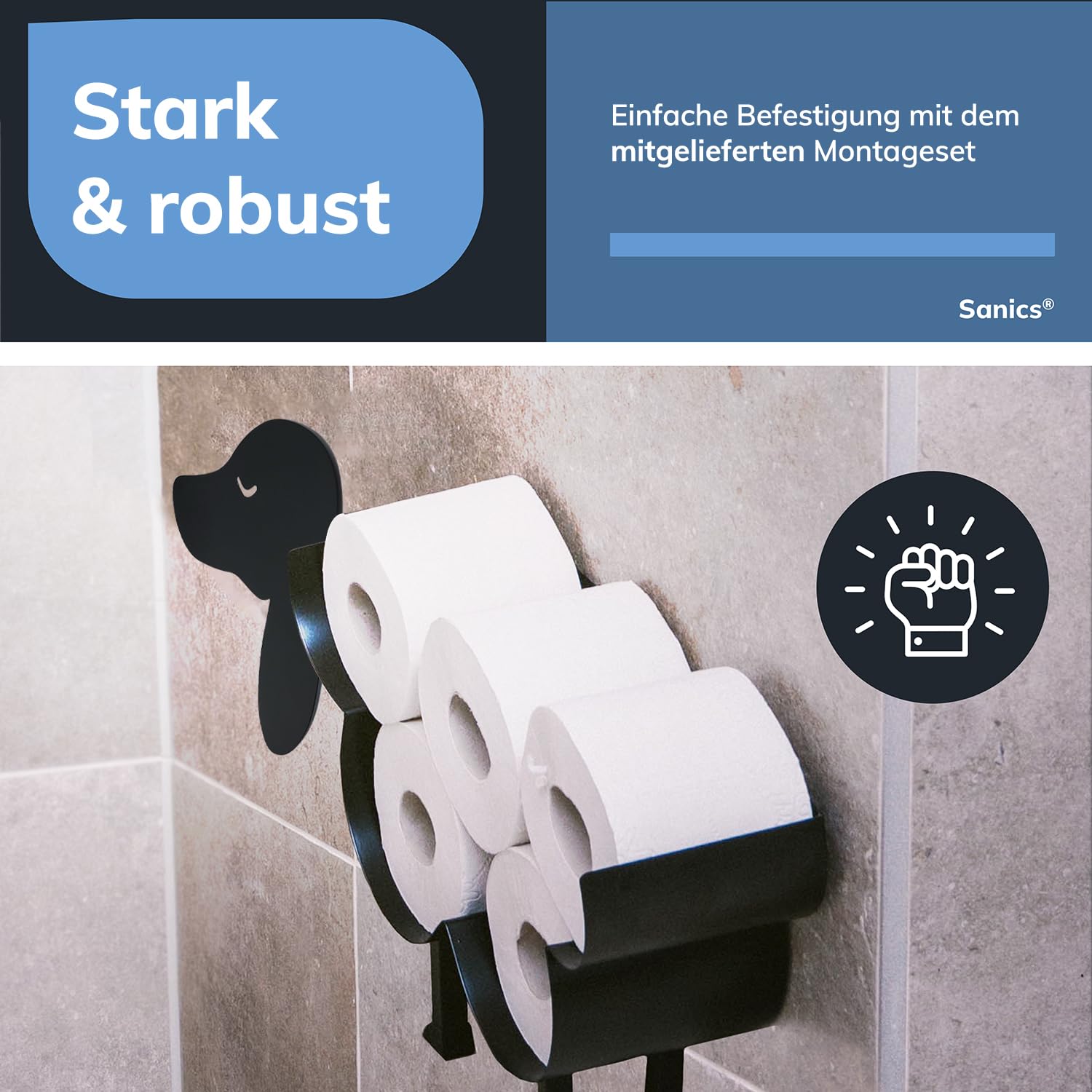Ersatzrollenhalter Freistehend - WC Papierhalter Hängend - Wandhalterung - Hund - Toilettenpapierhalter Tiere - Schwarz