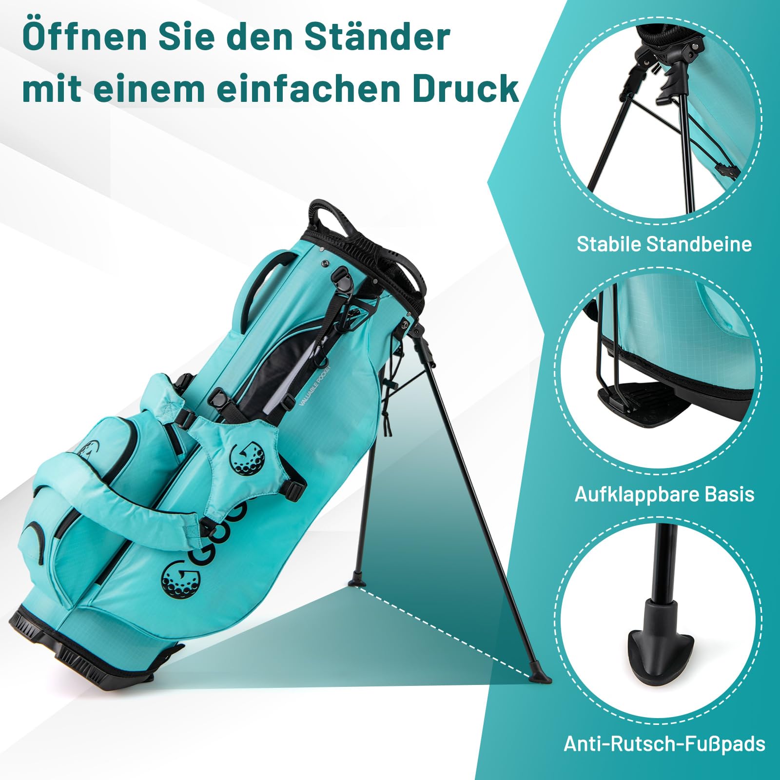 GYMAX Golf-Standtasche, tragbare Golftasche mit 8 Fächern & 5 Taschen, leichte Golftasche mit verstellbarem Doppelträger, Regenschutz, Standbag für Herren & Damen