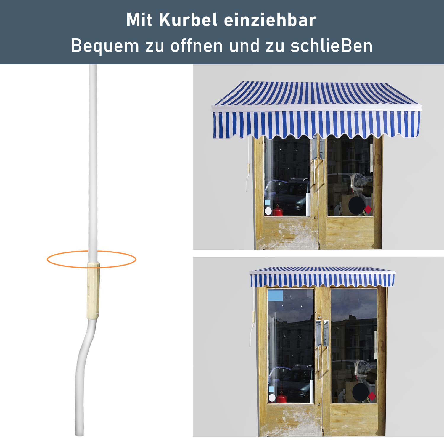 Randaco Tenda da sole da balcone, con braccio snodato, 250 x 200 cm, con regolazione angolare (0-30°), resistente ai raggi UV e alle intemperie, blu/bianco a righe