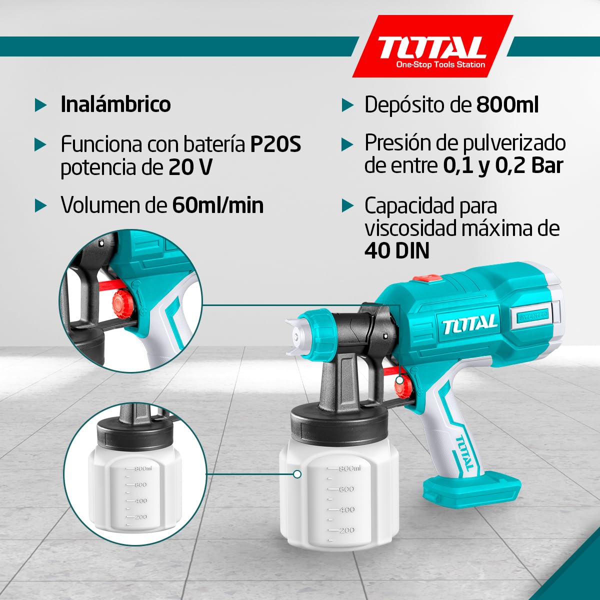 Total - Pistola de Pintura a Batería 20V - Volumen Máximo de 800 ml/min - Viscosidad Máxima de 120 DIN - Depósito de 800 ml- Incluye Embudo Medidor de Viscosidad - 1 Batería 2AH - Cargador - Maletín