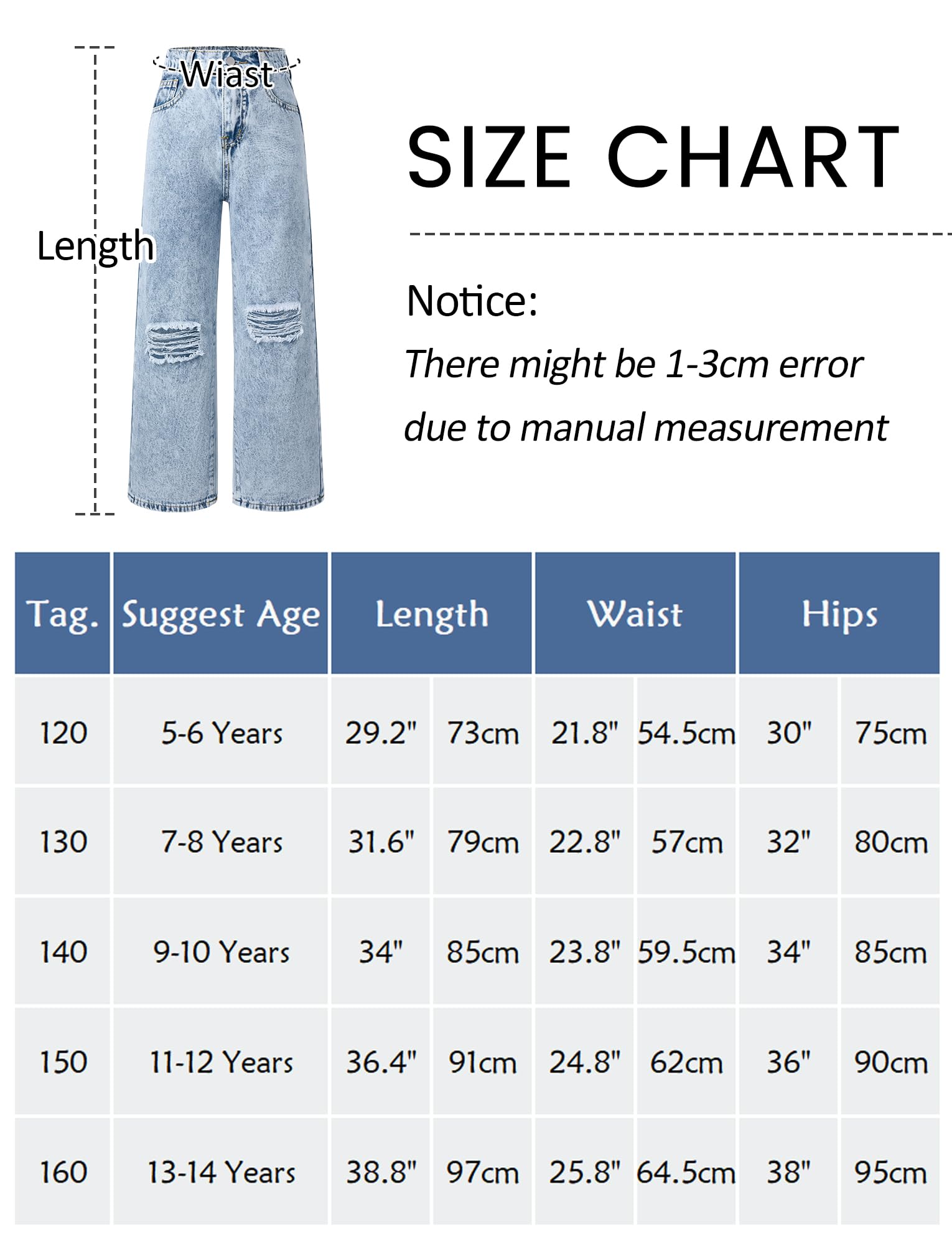 Maeau Pantalones vaqueros rasgados de pierna ancha para niñas, pantalones vaqueros estampados, rectos, holgados, con cintura elástica y bolsillos, 5-14 años, altura 120-160 cm