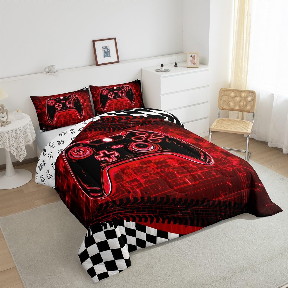 Red Gamer Comforter Sets for Boys,3D Cool Gaming Full Size Bedding Set for Boys Kids Gamer Room Decor,Video Game Bedding Comforter Sets Racing Competition Flag Geometric Bed Set,2 Pillow Cases