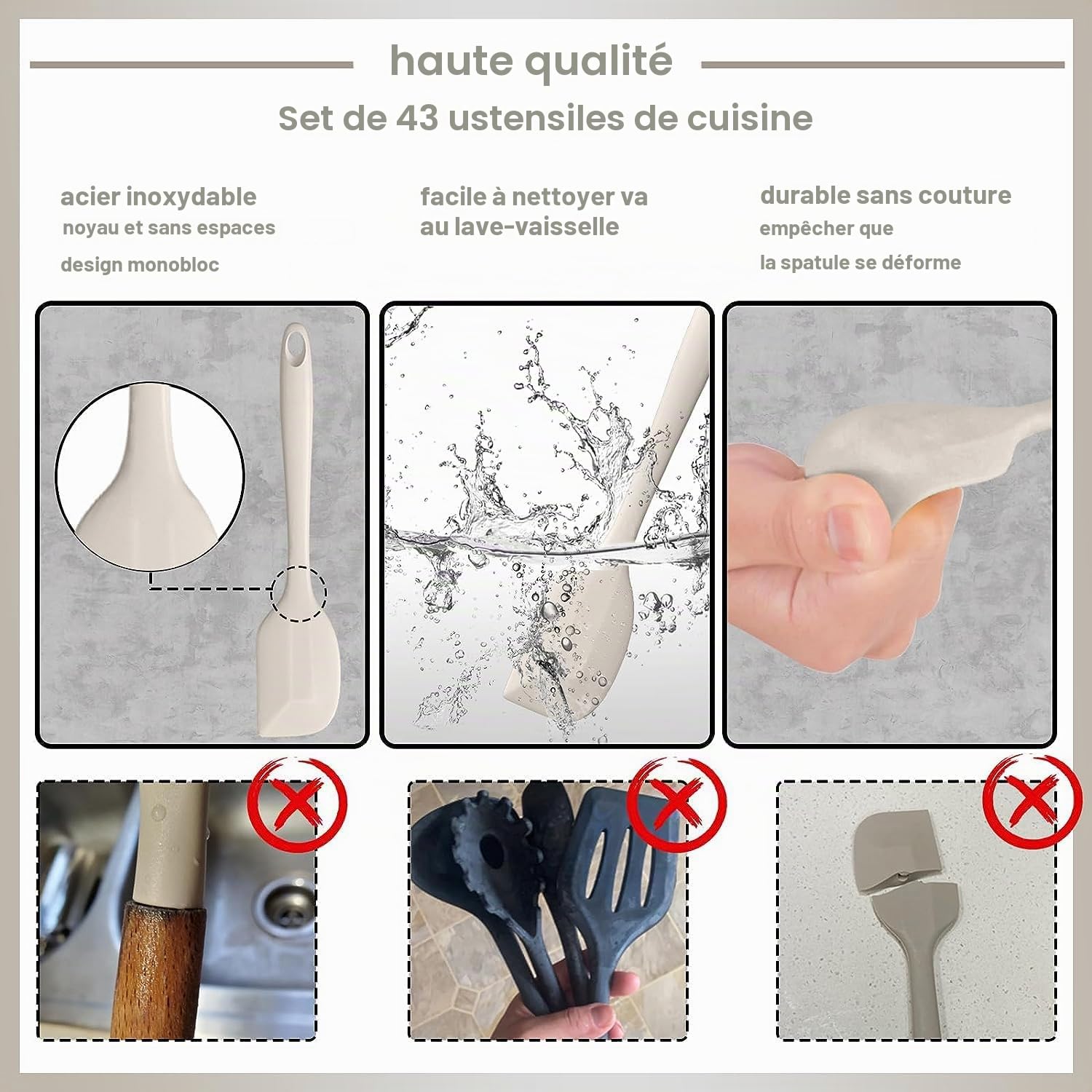 Lot de 43 ustensiles de cuisine en silicone résistants à la chaleur avec porte-ustensiles, antiadhésifs, passent au lave-vaisselle, kaki