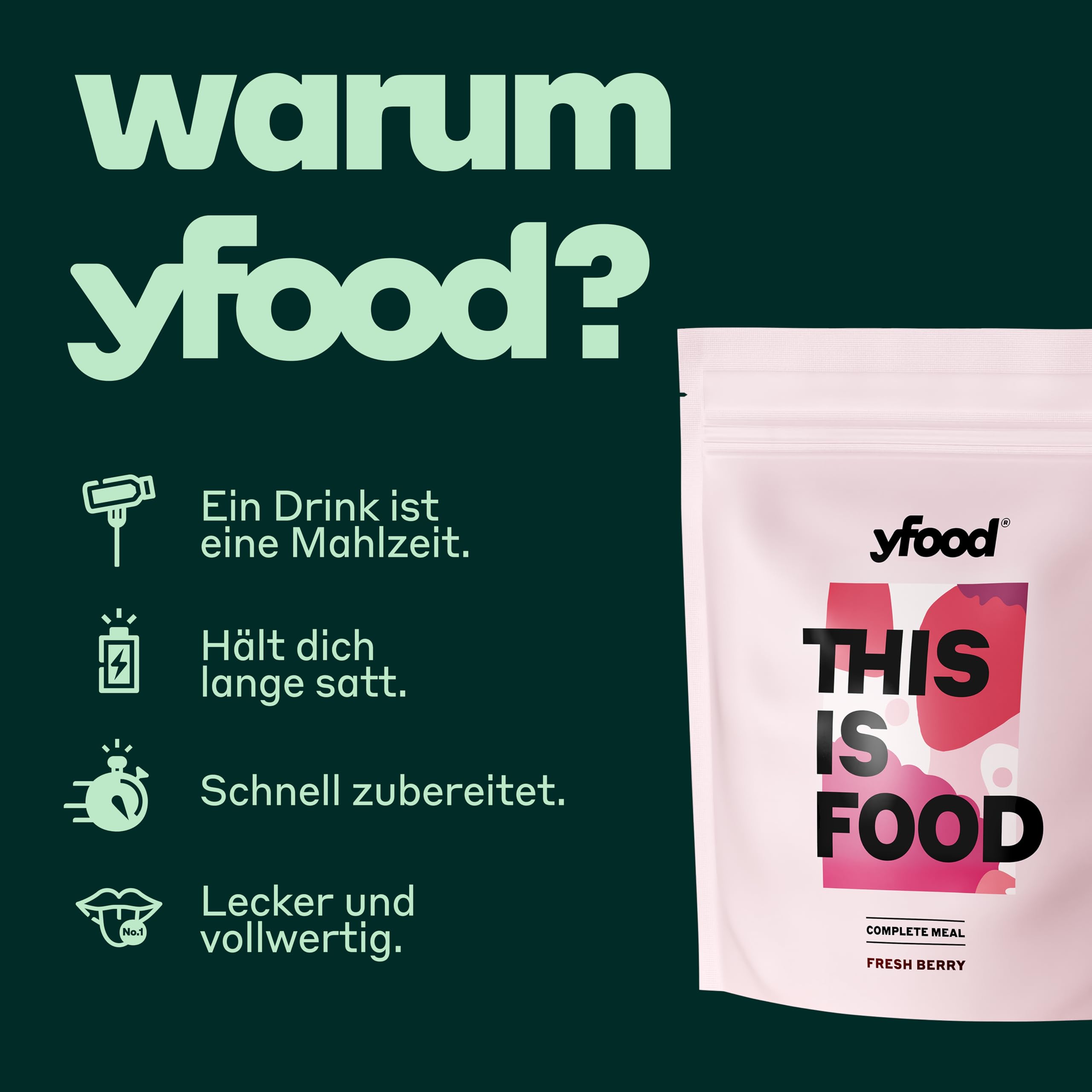 yfood Bebida Fresh Berry – 12 comidas de 400 kcal en polvo – 25 g de proteínas, vitaminas y minerales – Sabor: baya