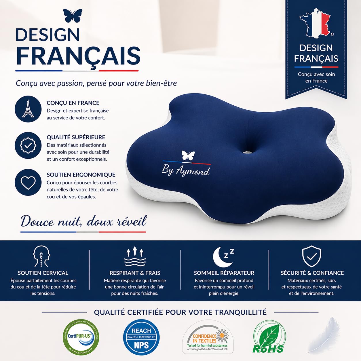 Oreiller Orthopédique Mémoire de Forme 3s Rebond | Respirant & Rafraîchissant | Anti-Ronflement & Apnée du Sommeil | Zones de Soutien Tête, Cou & Côté | Douce Nuit – Doux Réveil