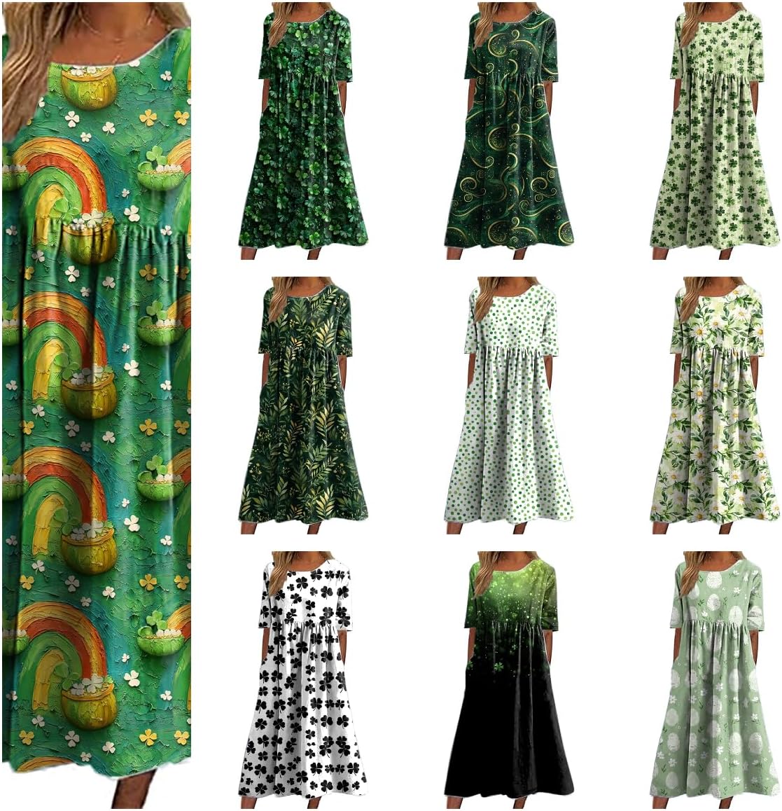 St Patricks Day Dress Shamrock Print Crewneck Short Sleeve High Waist 2025 Summer Casual Fashion A Line Maxi Dress - Image 4