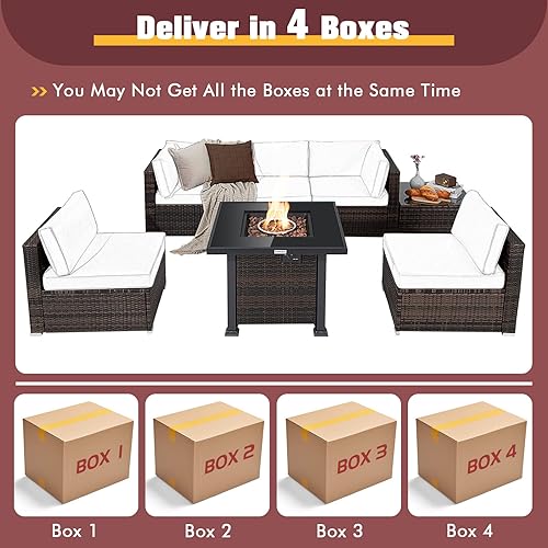 Miniatura 4 de Tangkula Juego de muebles de patio de 7 piezas con mesa para fogata, 50,000 BTU 32 pulgadas de propano con cubierta impermeable, juego de mimbre de