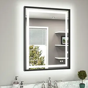 TETOTE 28 x 36 Bathroom LED Mirror Brushed Black Metal Frame Frontlit & Backlit Anti-Fog Stepless Dimmable 3 Colors White/Warm/Natural Mirror with Lights Wall-Mounted