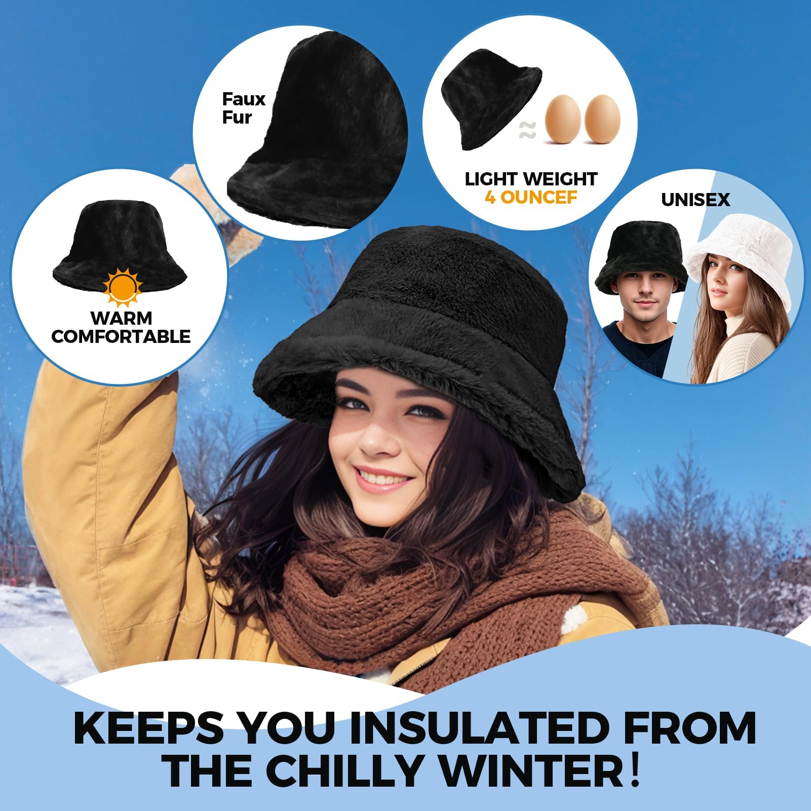 BFONS Faux Fur Winter Bucket Hat for Women Men Fuzzy Warm Hat Women's Furry Fisherman Cap for Casual, Trips, Sports, Skiing