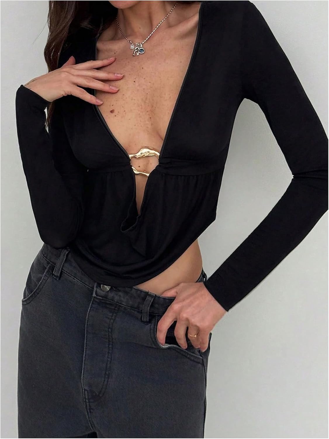 SOLY HUX Women's Deep V Neck T Shirt Long Sleeve Metal Decor Draped Front Ruched Asymmetrical Tops - Image 2