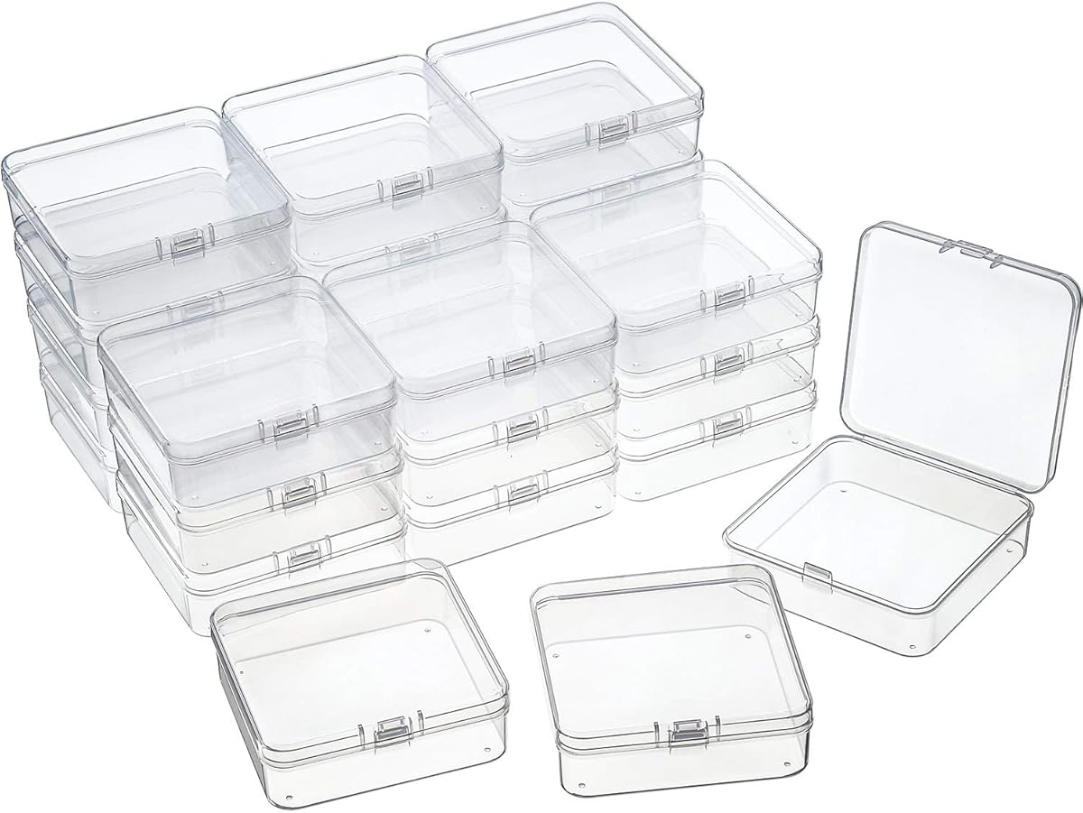 SATINIOR 24 Packs Small Clear Plastic Beads Storage Containers Box with Hinged Lid for Storage of Small Items, Crafts, Jewelry, Hardware(2.9 x 2.9 x 1 Inches)