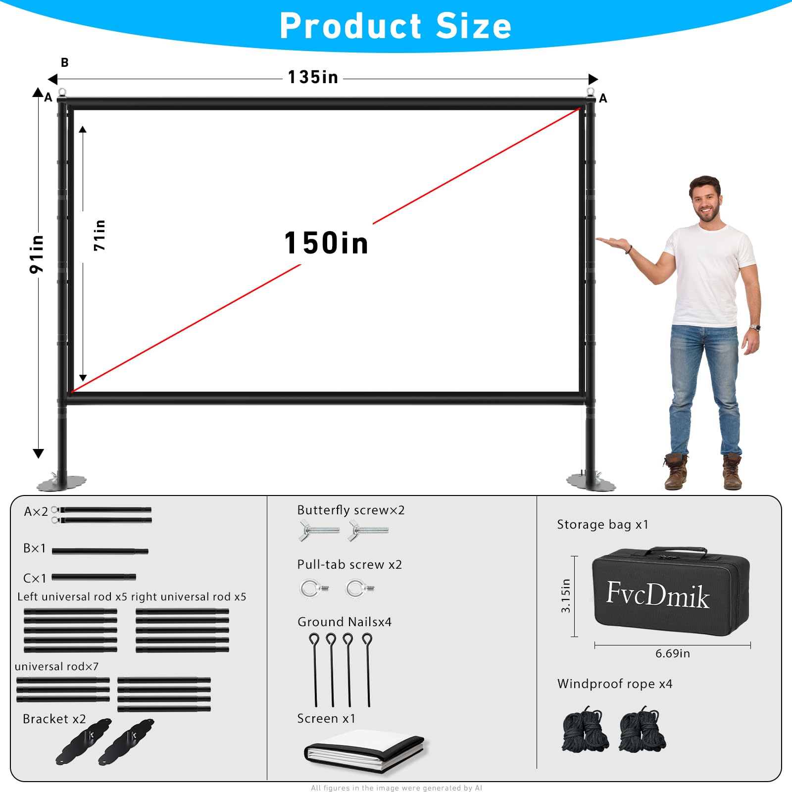 150 Zoll Projektor-Leinwand mit Ständer, 16:9 4K HD tragbare Outdoor-Filmleinwand, faltenfrei, faltbar, Innenprojektionsleinwand mit Tragetasche & Bodennägeln für Hinterhofkino Heimkino