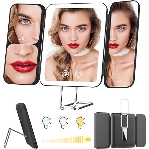 TOUCHFEEL Travel Makeup Mirror with Light, Rechargeable 1X/3X/7X Magnifying Lighted Vanity Mirror with 72 LED, Portable LED Makeup Mirror with 3 Color Lights and Touch Sensor Design(Black)