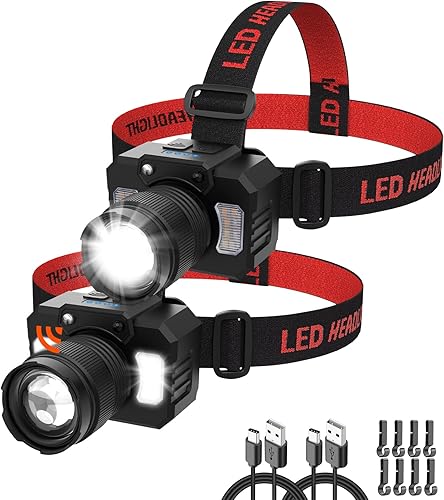 Linterna frontal recargable de alto lúmenes, paquete de 2 lámparas de cabeza superbrillantes con luz lateral y sensor de movimiento, luces de cabeza