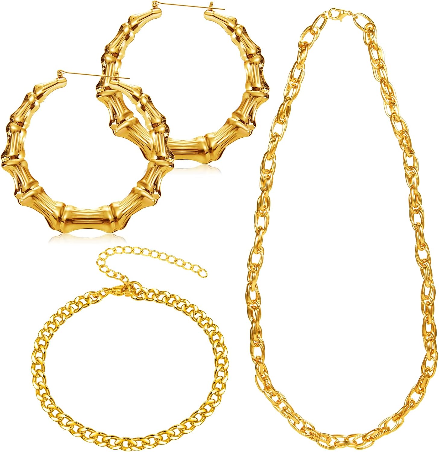4 Pcs 90s Jewelry Accessories for Women Hip Hop Costume Kit Big Hoop Earrings Set Necklace Bamboo Pendant Cuban Chain Necklace Bracelet for Women Rapper(Cool Style)