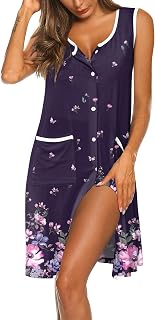 Ekouaer Nightgowns for Women Button Down Sleep Shirts Tank Sleeveless Nightshirt Soft Sleepwear with Pockets