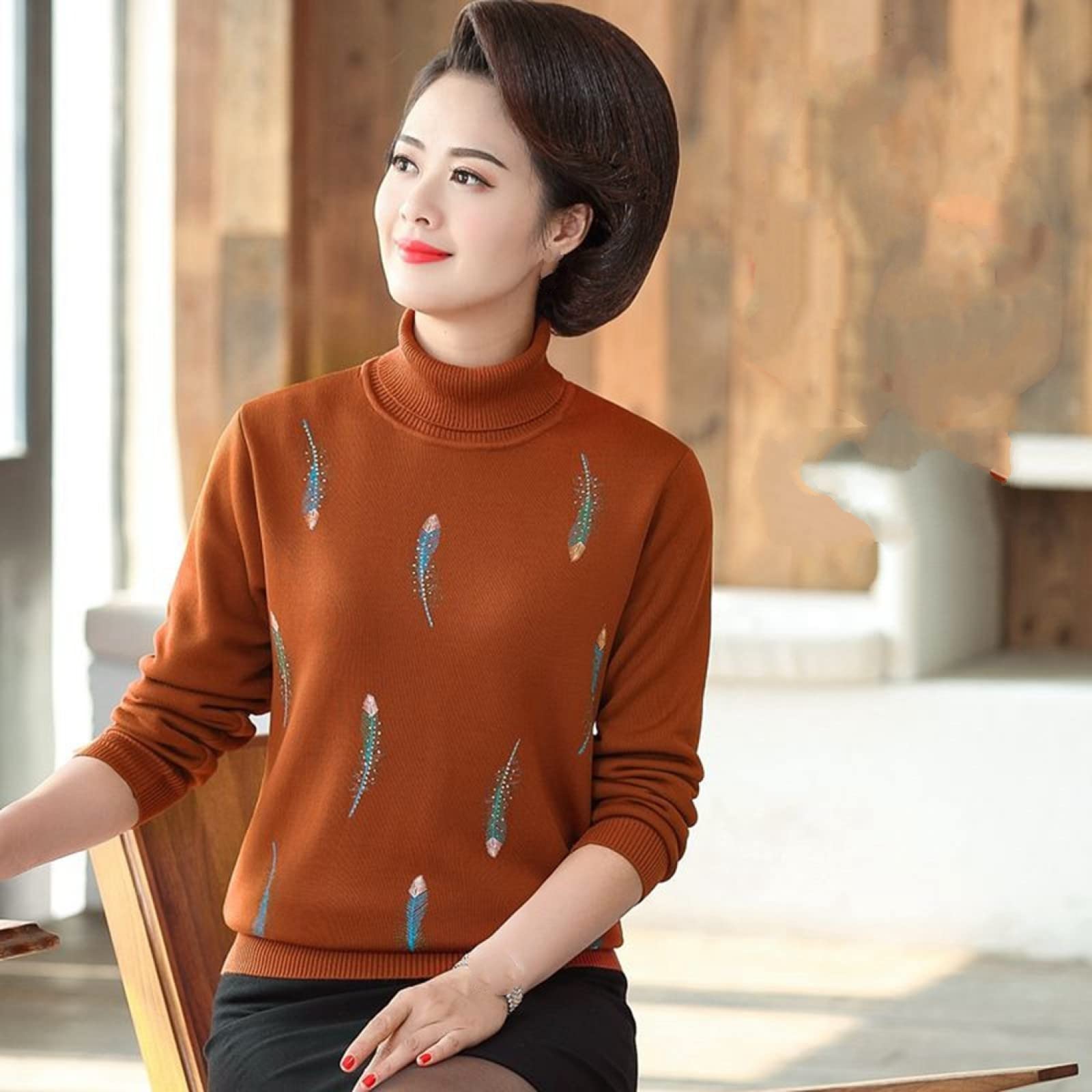 Suéter De Invierno para Mujer - Moda Damas De Mediana Edad Más Suéter Grueso De Terciopelo Otoño E Invierno Tejido Cálido Moda Marrón Estampado De Plumas Madre Suelta Jersey De Cuello Alto Re