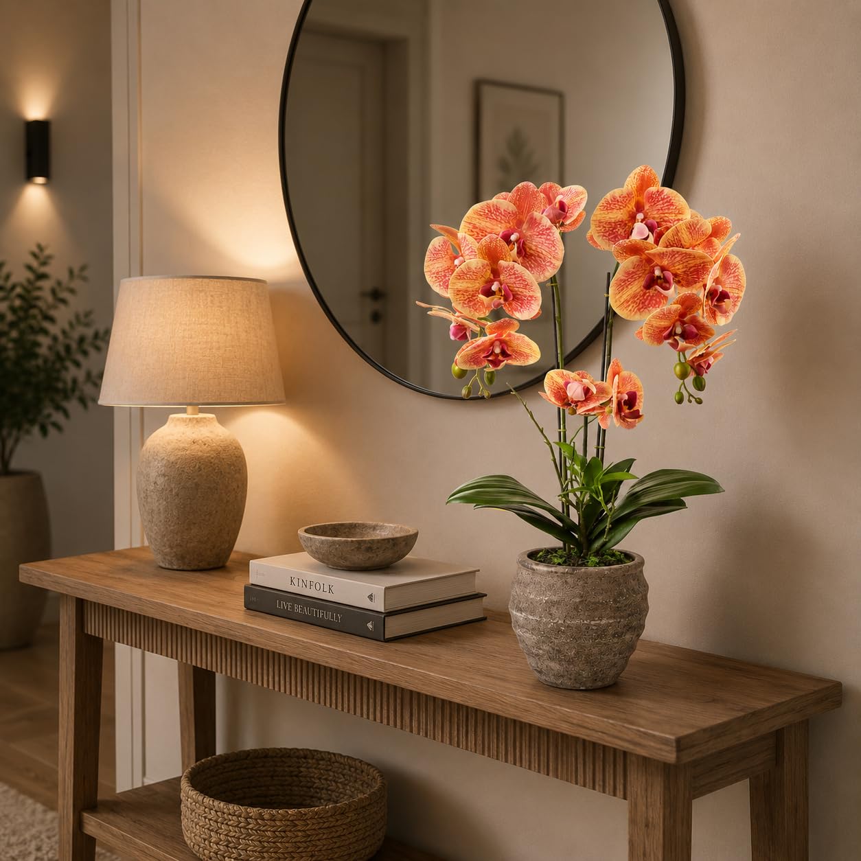 PASCH® Orchideen künstlich (60cm) in handgefertigtem Stone Cube Topf | Kunstblumen wie echt | künstliche Orchideen im Topf | künstliche Blumen im Topf | Kunstblume Orchidee (Orange)