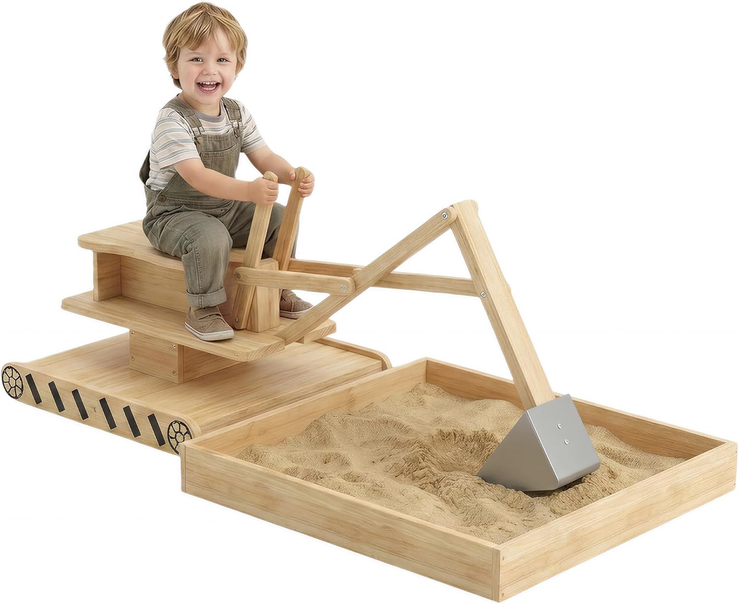 Wooden Children's Sandbox with Excavator, Children's Sandbox with 360° Swivel Seat and Non-Woven Fabric Lining, No Motor, Sandbox for Children 3-6 Years, 184 x 90 x 56 cm, Natural