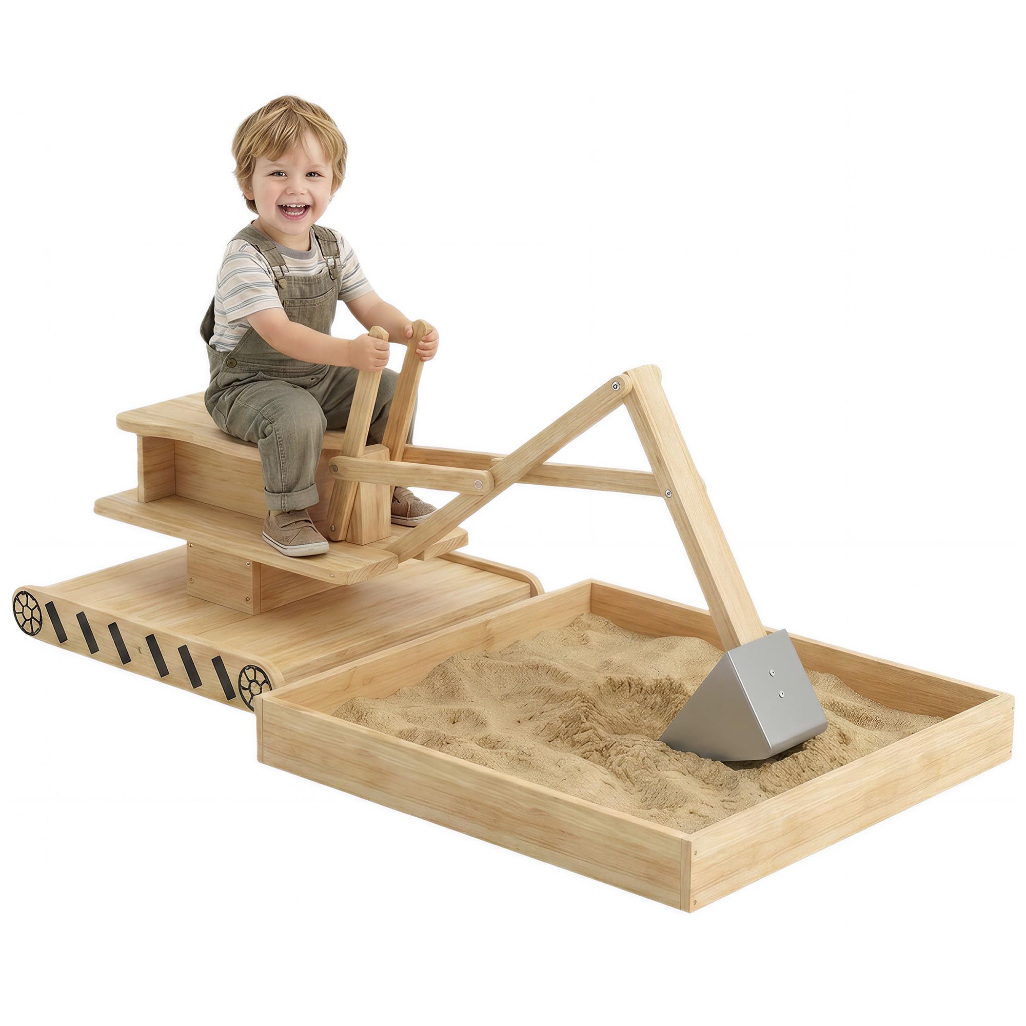 AIYAPLAY Arenero para Niños de Madera con Excavadora, Arenero Infantil con Asiento Giratorio 360° y Forro de Tela no Tejida, sin Motor, Caja de Arena para Niños de 3-6 Años, 184x90x56 cm, Natural