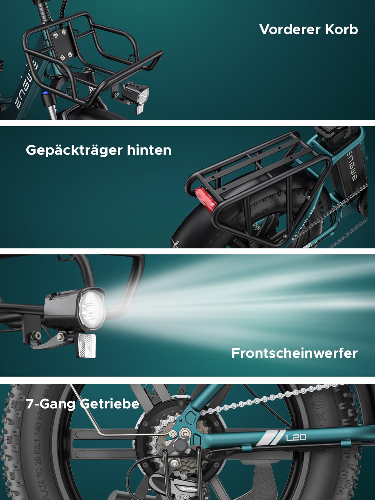 ENGWE L20 Boost Elektrofahrrad für Erwachsene, herausnehmbarer Akku mit 48V 13Ah, Reichweite bis zu 126KM, 20×4,0 Fat-Reifen, 7 Gänge Ebike