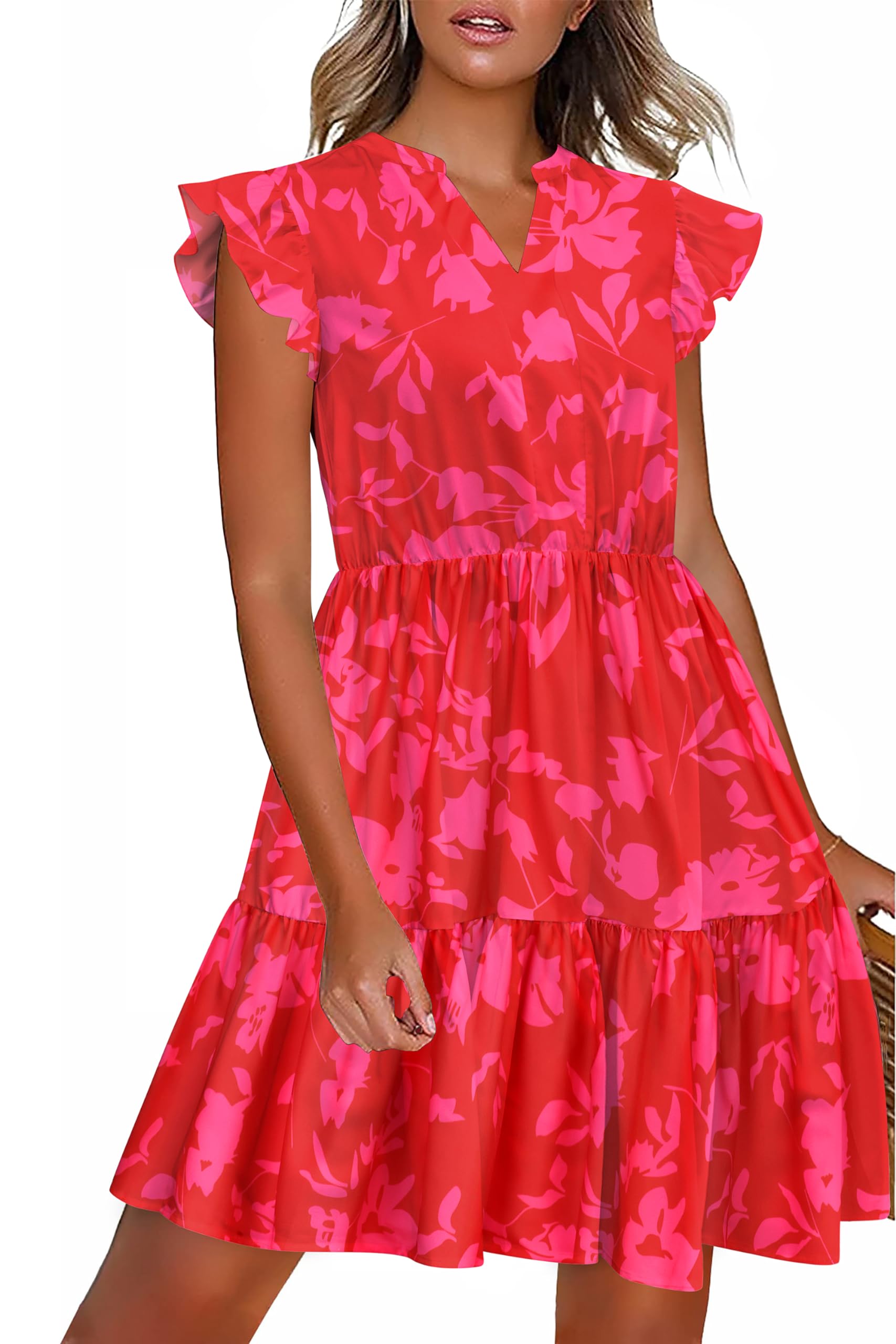 HOTOUCH Women Printed Dress for Summer Short Ruffle Sleeve Dress Tiered Mini Dress with Pockets