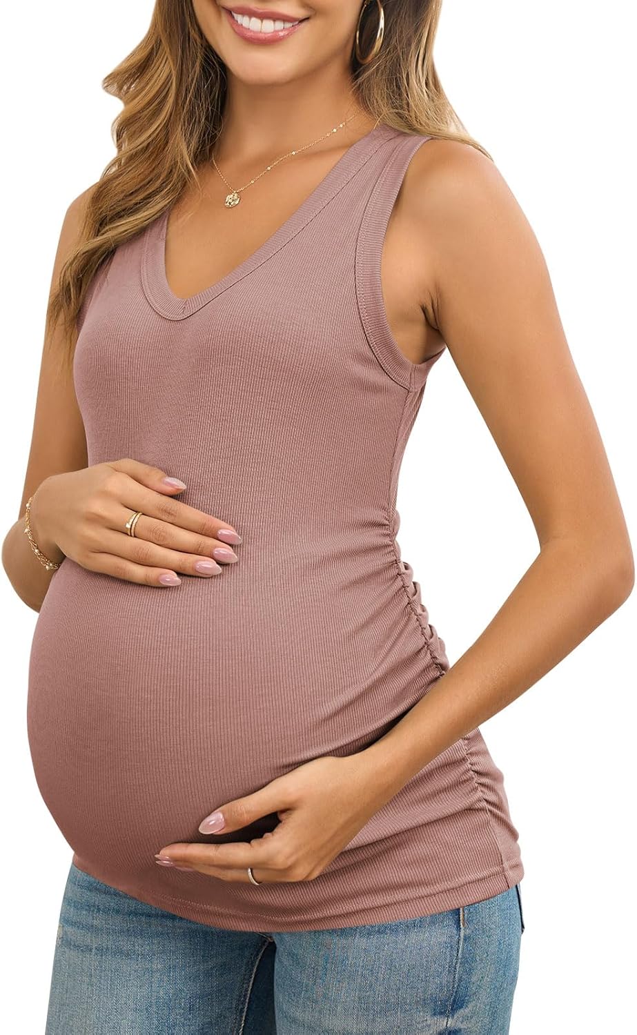 Maternity Tank Tops for Women Summer Sleeveless V Neck Ribbed Knit Slim Fitted Blouse Side Ruched Pregnancy Shirts