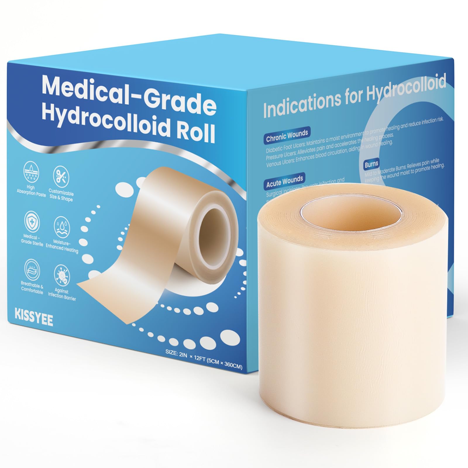 Hydrocolloid Roll Bandages, 2IN x 12FT Extra Large Hydrocolloid Patch with Self-Adhesive, Ultra Absorbent, Cut-to-Size, Flexible &amp; Waterproof for Burn, Blister, Acne Care, First Aid Kit Essential