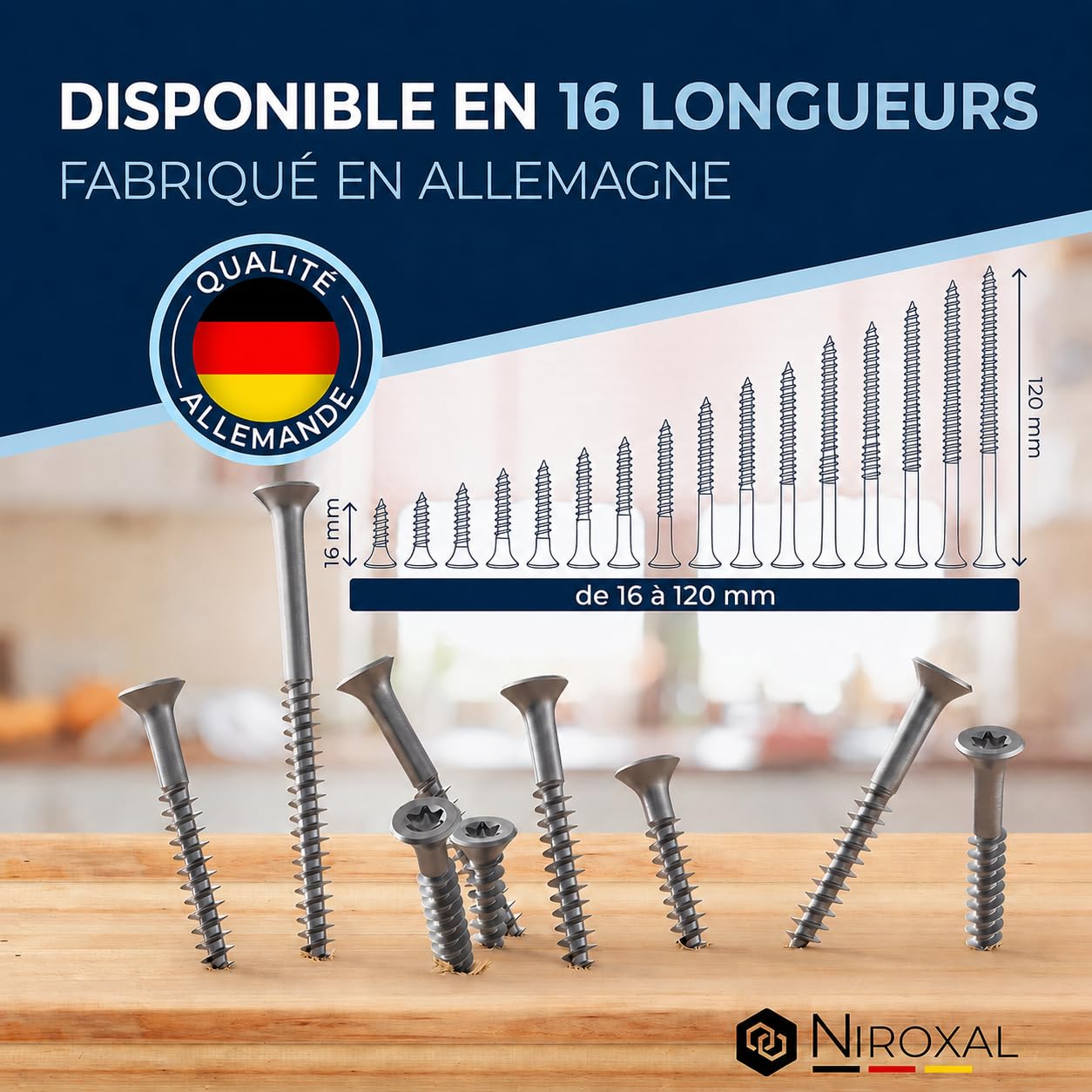 Vis à bois inox A2 V2A H2 Torx TX tête fraisée 90° filetage total 8 mm HEAVY DUTY 8x60 mm – 50 pcs vis bois structure