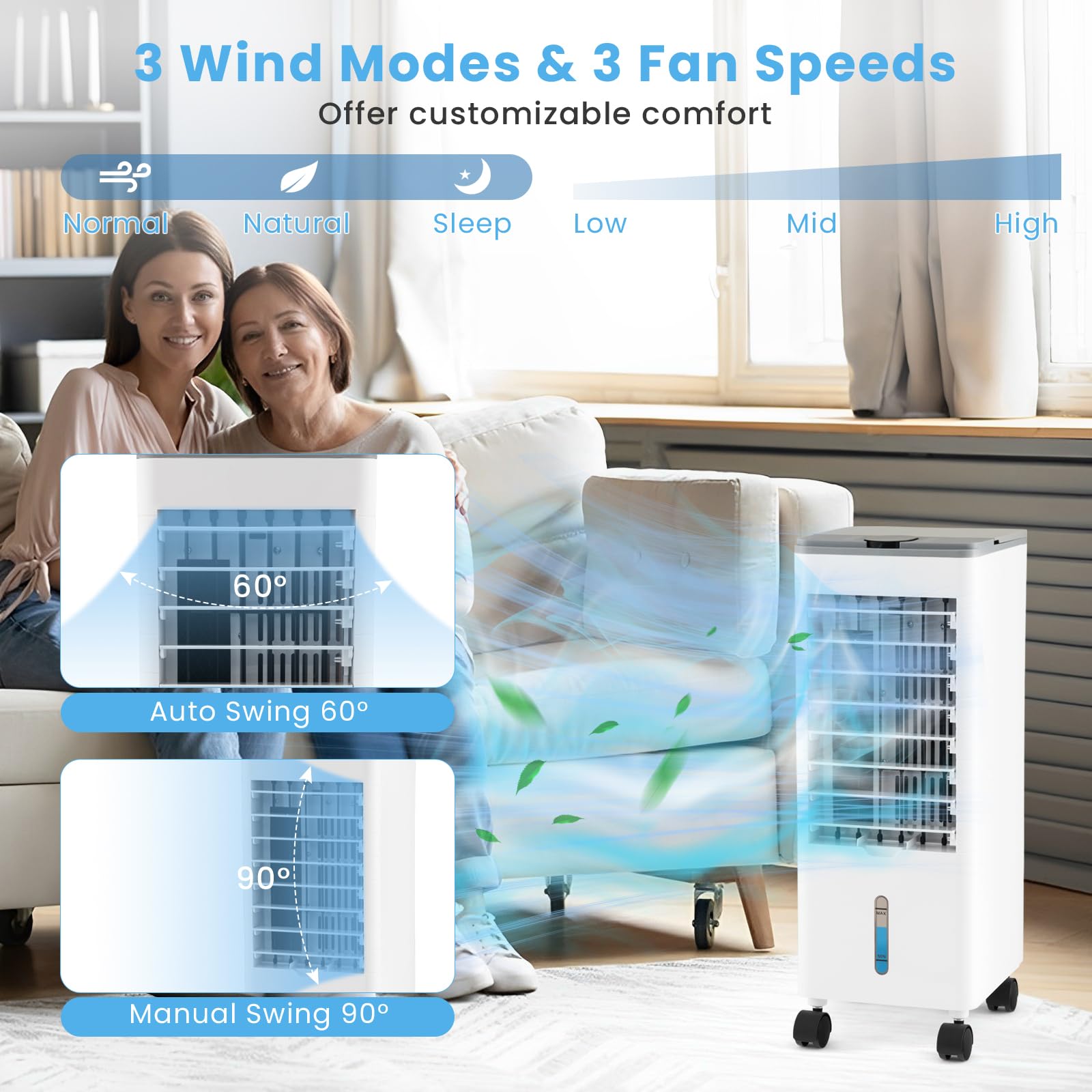 SOARS Ventilatore Condizionatore, 3 in 1 Ventilatore & Umidificatore & Raffrescatore, 3 Velocità, 2 Serbatoi d'Acqua, Timer 12H, Telecomando, per Salone, Camera da Letto, Ufficio (Grigio)