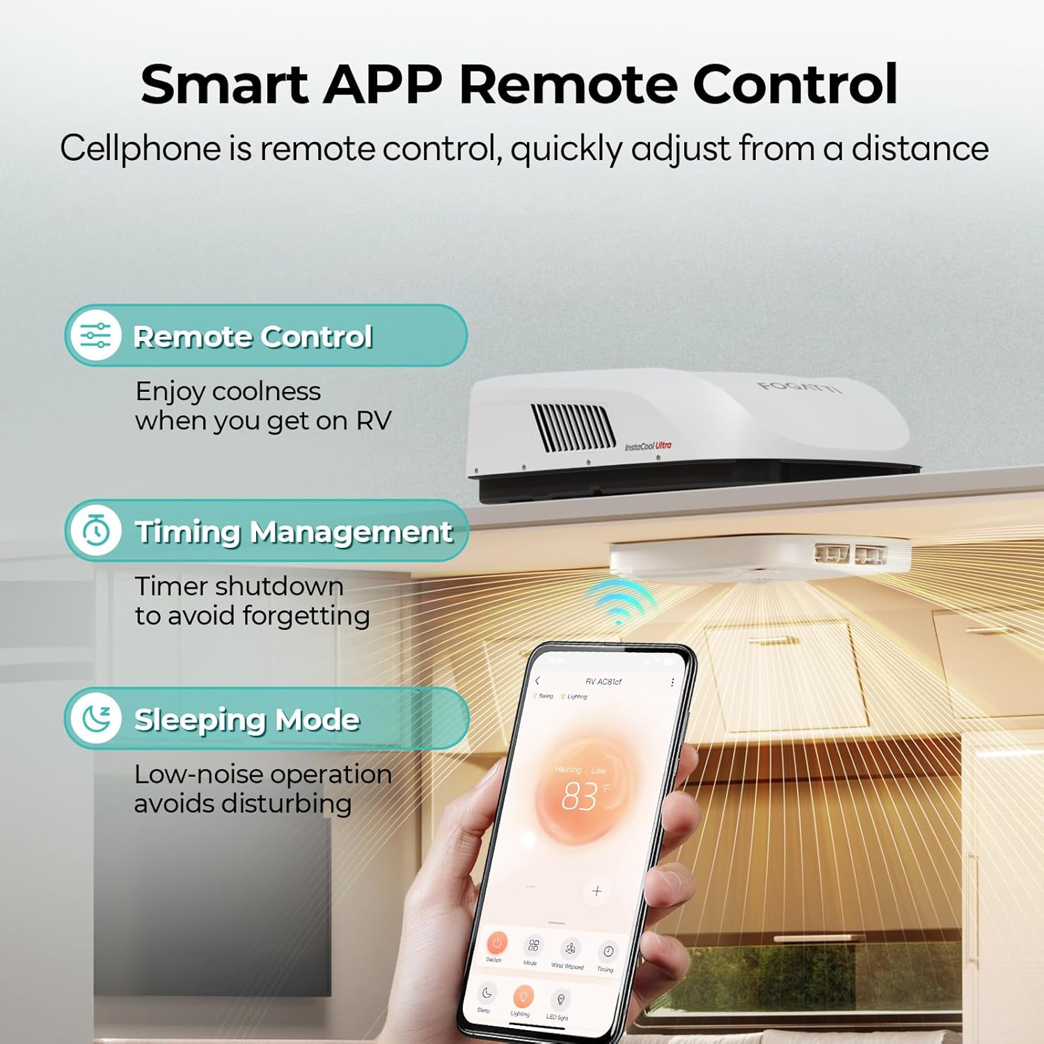 FOGATTI RV Air Conditioner 16,000 BTU – Low Profile Non-Ducted RV AC Unit with Heat Pump, WiFi Control, 43dB Ultra-Quiet, Auto-Sweep ADB, InstaCool Ultra